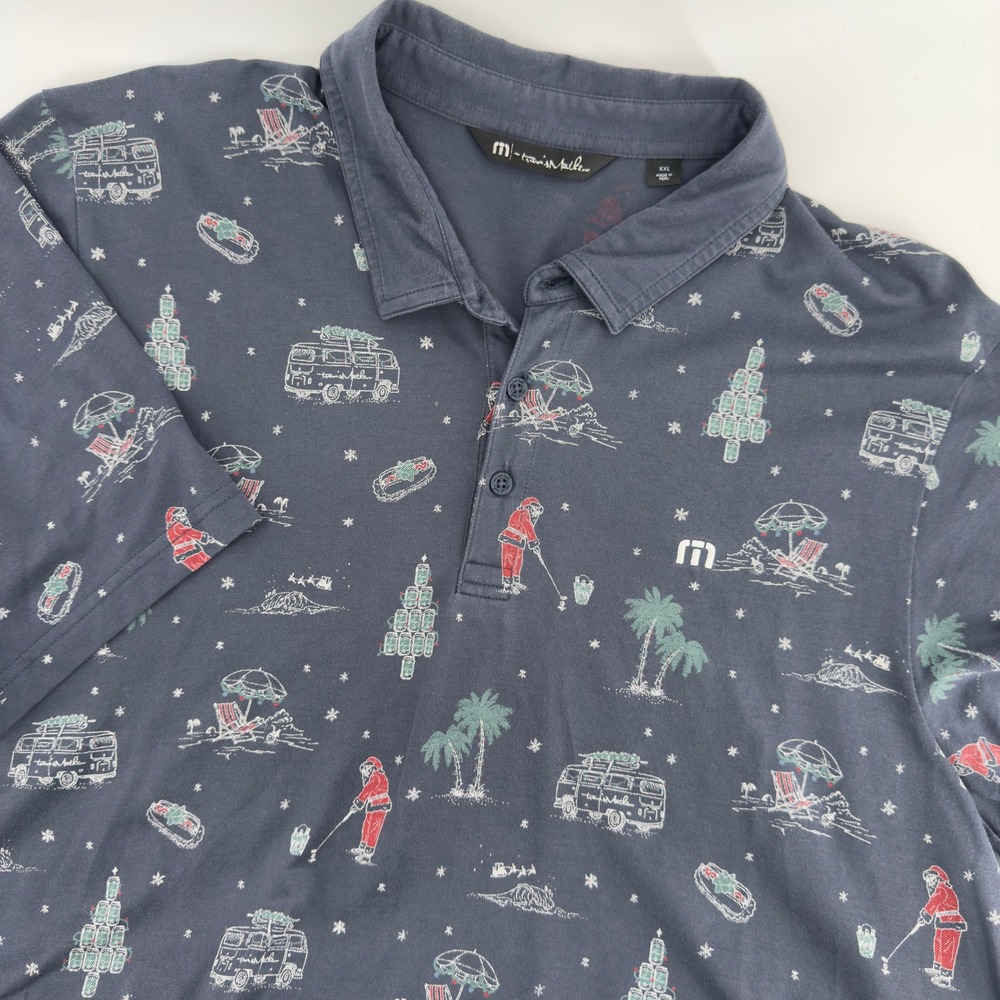 TravisMathew Mens XXL Navy Blue Christmas Golfing Santa Polo Shirt